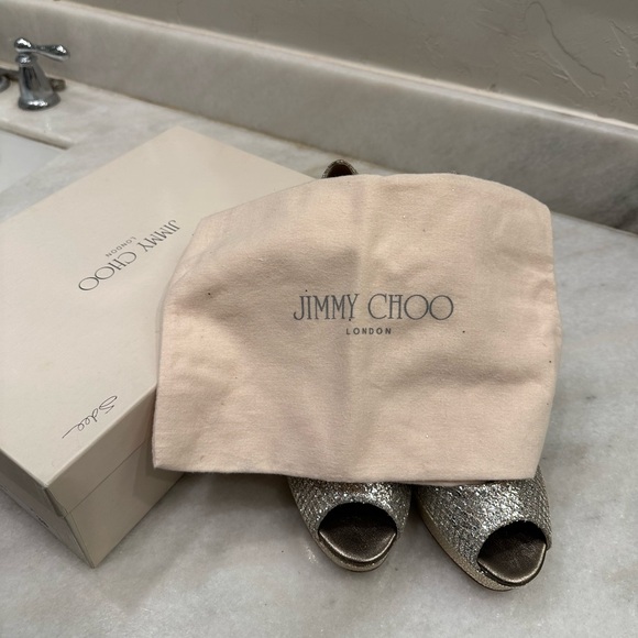 Jimmy Choo Crown Champagne Glitter Sparkle Peep Toe Heels - Picture 2 of 9